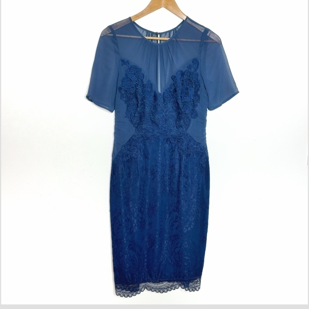 NWT Coast Cocktail Dress Combe Sheath Column Dress Navy Blue Lace Short Sleeve